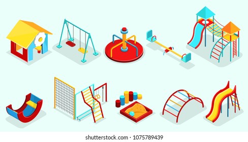 Isometric playground elements set with sandbox recreational swings carousels slides sport sections and attractions isolated vector illustration