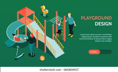 Isometric playground horizontal banner with editable text more button and play equipment images with human characters vector illustration