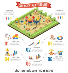 Isometric playground infographic concept with family children swing bench slide carousel sandbox and diagrams vector illustration