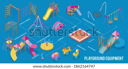 Isometric playground infographics with flowchart text captions pointing to isolated images of play equipment for children vector illustration