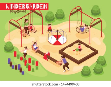 Isometric playground kindergarten composition with outdoor view of playing babies and kids with trees and bushes vector illustration