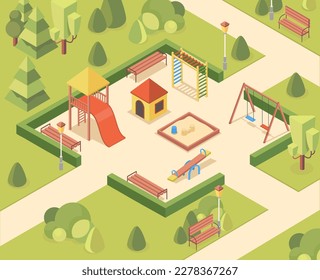 Isometric playground in park. Slide, wooden house and swing next to sandbox. City infrastructure with equipment for kids. Template, layout and mock up. Cartoon vector illustration
