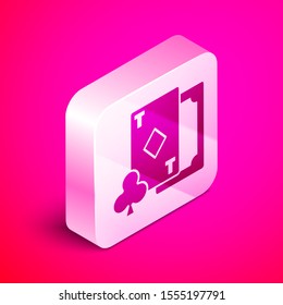 Isometric Playing card with diamonds symbol icon isolated on pink background. Casino gambling. Silver square button. Vector Illustration