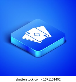 Isometric Playing card with diamonds symbol icon isolated on blue background. Casino gambling. Blue square button. Vector Illustration