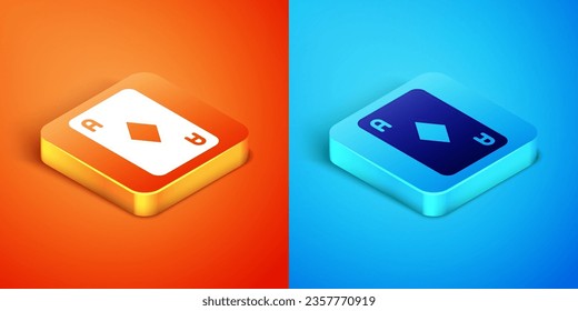 Isometric Playing card with diamonds symbol icon isolated on orange and blue background. Casino gambling.  Vector