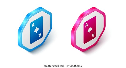 Isometric Playing card with spades symbol icon isolated on white background. Casino gambling. Hexagon button. Vector