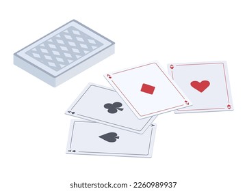 Tarjetas de juego isométricas. Trajes negros y rojos, palos, espacios, corazones y tarjetas de diamantes. Cartas de juego de póquer y blackjack Id Ilustración vectorial 3d sobre fondo blanco