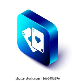 Isometric Playing cards icon isolated on white background. Casino gambling. Blue square button. Vector Illustration