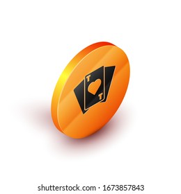 Isometric Playing cards icon isolated on white background. Casino gambling. Orange circle button. Vector Illustration