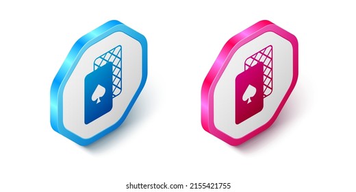Isométrico icono de cartas de reproducción aisladas en fondo blanco. Juego de casino. Botón hexagonal. Vector