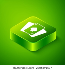 Isométrico icono de cartas de reproducción aisladas en fondo verde. Juego de casino. Botón cuadrado verde. Vector