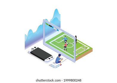 Isometric playing football game console with friends when bored, Suitable for Diagrams, Infographics, Book Illustration, Game Asset, And Other Graphic Related Assets