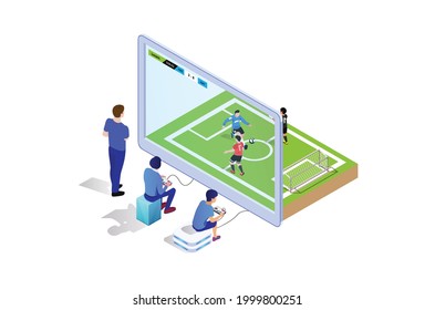 Isometric playing football game console with friends when bored, Suitable for Diagrams, Infographics, Book Illustration, Game Asset, And Other Graphic Related Assets