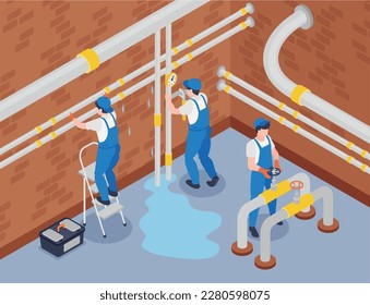 Isometric plumber composition with indoor view leaky tubes being repaired by team of plumbers in uniform vector illustration