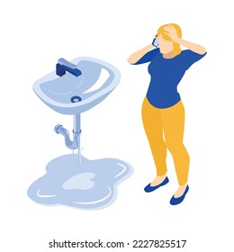 Isometric plumber composition with plumbing image isolated on white background 3d vector illustration