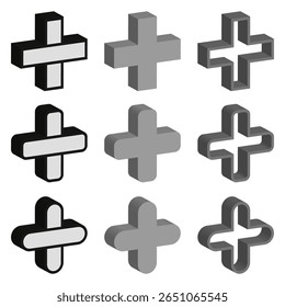 Ícone de mais isométrico. Variações ocas sólidas. Design preto cinza. Símbolo de profundidade de vetor.