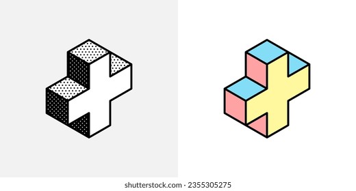 Isometric plus logo. Optical illusion sign. Retro 3D icons set with black and white polka dots and colored options. Vector impossible shape for halftone label, crypto company, vintage posters.