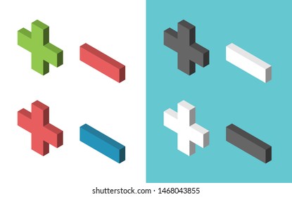 Isometric plus and minus signs of various colors. Graphic elements set. Addition, subtraction, positive and negative concept. Flat design. Eps 8 vector illustration, no transparency, no gradients