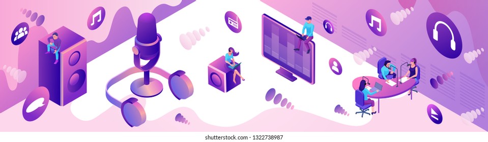 Isometric podcast horizontal banner, modern music radio show, audio blog concept, isometric 3d illustration, vector landing page template with people, microphone,violet sound studio interior