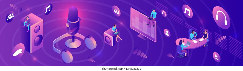 Isometric Podcast Horizontal Banner, Modern Music Radio Show, Audio Blog Concept, Isometric 3d Illustration, Vector Landing Page Template With People, Microphone, Glowing Violet Sound Studio Interior