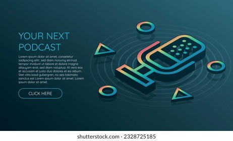 Isometric podcast microphone with rainbow gradient on blue background. Extended with different shapes.