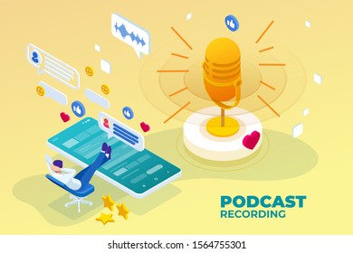 Isometric podcast recording and digital sound wave concept. Musical melody design. Soundwave audio music. Voice message or recording voice.