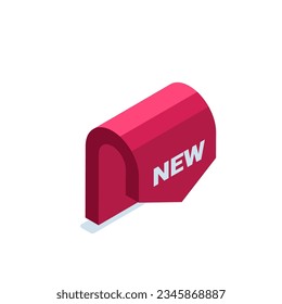 isometric pointer with the word new in color on a white background, advertising element for promotions or sales