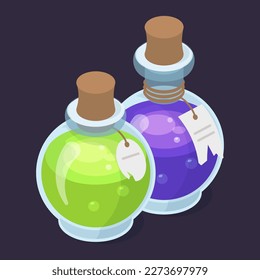 Isometric poison bottles. Alchemy magic toxic liquid, witch potion 3d vector illustration