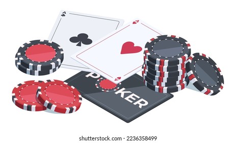 Isometric poker cards and casino chips. Online casino playing cards and poker chips, 3d gambling elements flat vector illustration on white background
