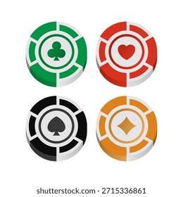 Isometrisches Poker-Chips-Set mit Kartenanzügen einzeln auf weißem Hintergrund