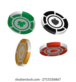 Isometrisches Poker-Chips-Set mit Kartenanzügen einzeln auf weißem Hintergrund
