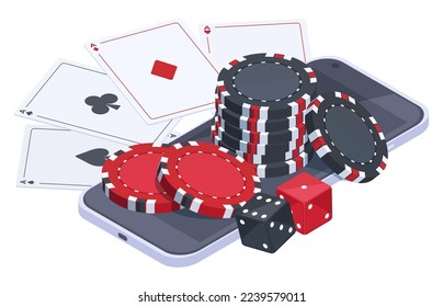 Isometric poker mobile app. Online gambling casino with cards, dice and chips, internet poker game vector illustration isolated on white background
