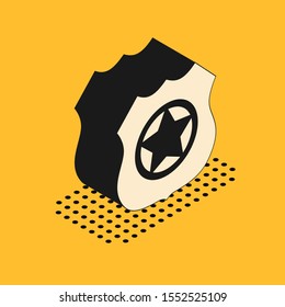 Isometric Police badge icon isolated on yellow background. Sheriff badge sign.  Vector Illustration