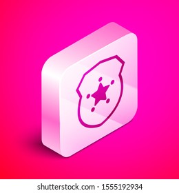 Isometric Police badge icon isolated on pink background. Sheriff badge sign. Silver square button. Vector Illustration