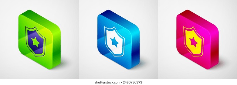 Isometric Police badge icon isolated on grey background. Sheriff badge sign. Shield with star symbol. Square button. Vector