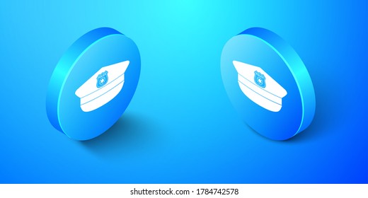 Isometric Police cap with cockade icon isolated on blue background. Police hat sign. Blue circle button. Vector.
