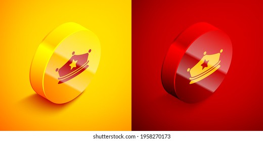 Isometric Police cap with cockade icon isolated on orange and red background. Police hat sign. Circle button. Vector
