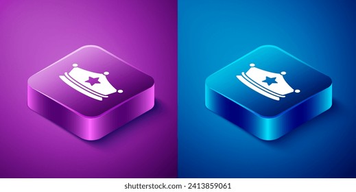 Isometric Police cap with cockade icon isolated on blue and purple background. Police hat sign. Square button. Vector