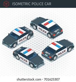 Isometric police car. 3d vector transport icon. Highly detailed vector illustration