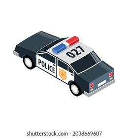 Isometric Police Car Back View On White Background Vector Illustration