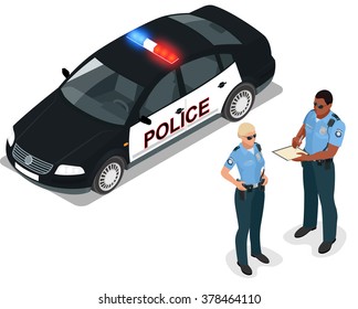 Isometric Police car, cruiser, prowler, squad car, radio mobile patrol RMP. Policeman in uniform. Isometric people. Can be used for infographics game or mobile apps icon. 