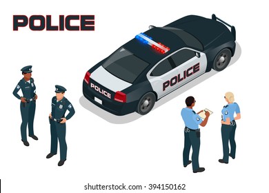 Isometric  Police car, cruiser, prowler, squad car, radio mobile patrol RMP. Policeman in uniform. Isometric people. Can be used for infographics game or mobile apps icon. 