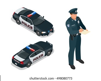 Isometric  Police car, cruiser, prowler, squad car, radio mobile patrol RMP. Policeman in uniform. Isometric people. Can be used for infographics game or mobile apps icon. 