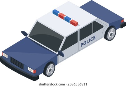 Isometric police car driving with flashing lights, ensuring safety and order in urban environment, representing law enforcement and emergency response