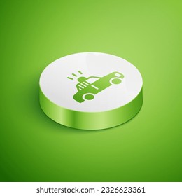 Isometric Police car and police flasher icon isolated on green background. Emergency flashing siren. White circle button. Vector