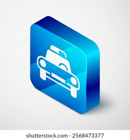 Isometric Police car and police flasher icon isolated on grey background. Emergency flashing siren. Blue square button. Vector