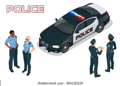 Isometric  Police car, prowler, squad car, radio mobile patrol RMP. Policeman in uniform.  Can be used for infographics game or mobile apps icon. 