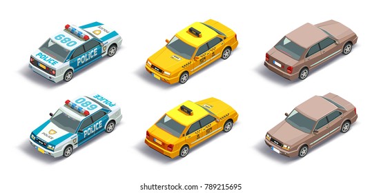 Isometric police car, taxi cab, regular car with front and rear views isolated vehicles. 