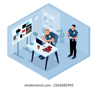 Isometric police composition with isolated view of office with two officers and evidential materials on table vector illustration