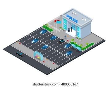 Isometric Police Department Building with Policeman and Car. Vector illustration